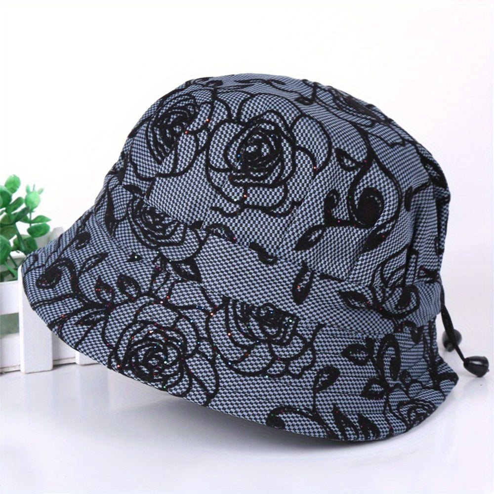 Vintage Rose Embroidery Bucket Hat Solid Short Brim Basin Hat UV Protection