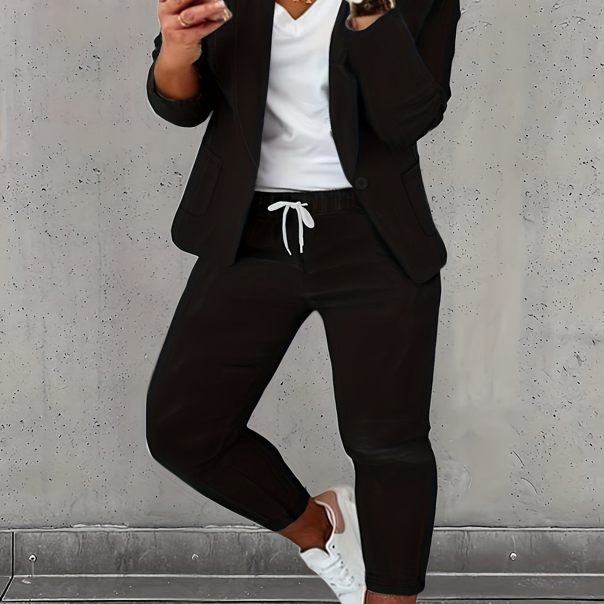  Casual Suit Set Women's Blazer & Drawstring Pants Suit
