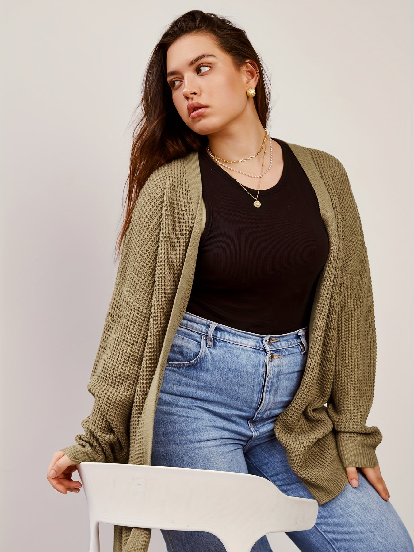  Casual Cardigan Women's Plus Plain Waffle Pattern Long Sleeve