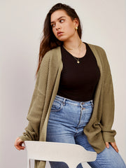  Casual Cardigan Women's Plus Plain Waffle Pattern Long Sleeve