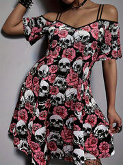  Halloween Cold Shoulder Dress Skull & Floral Print Medium Stretch