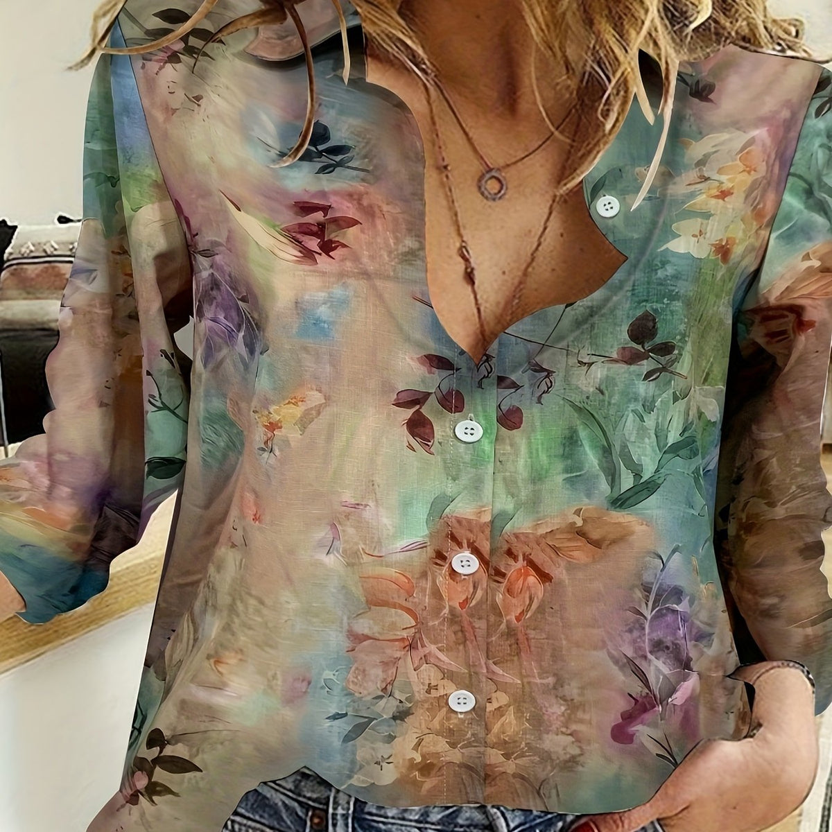  Floral Tie Dye Button Up Collar Shirt Top