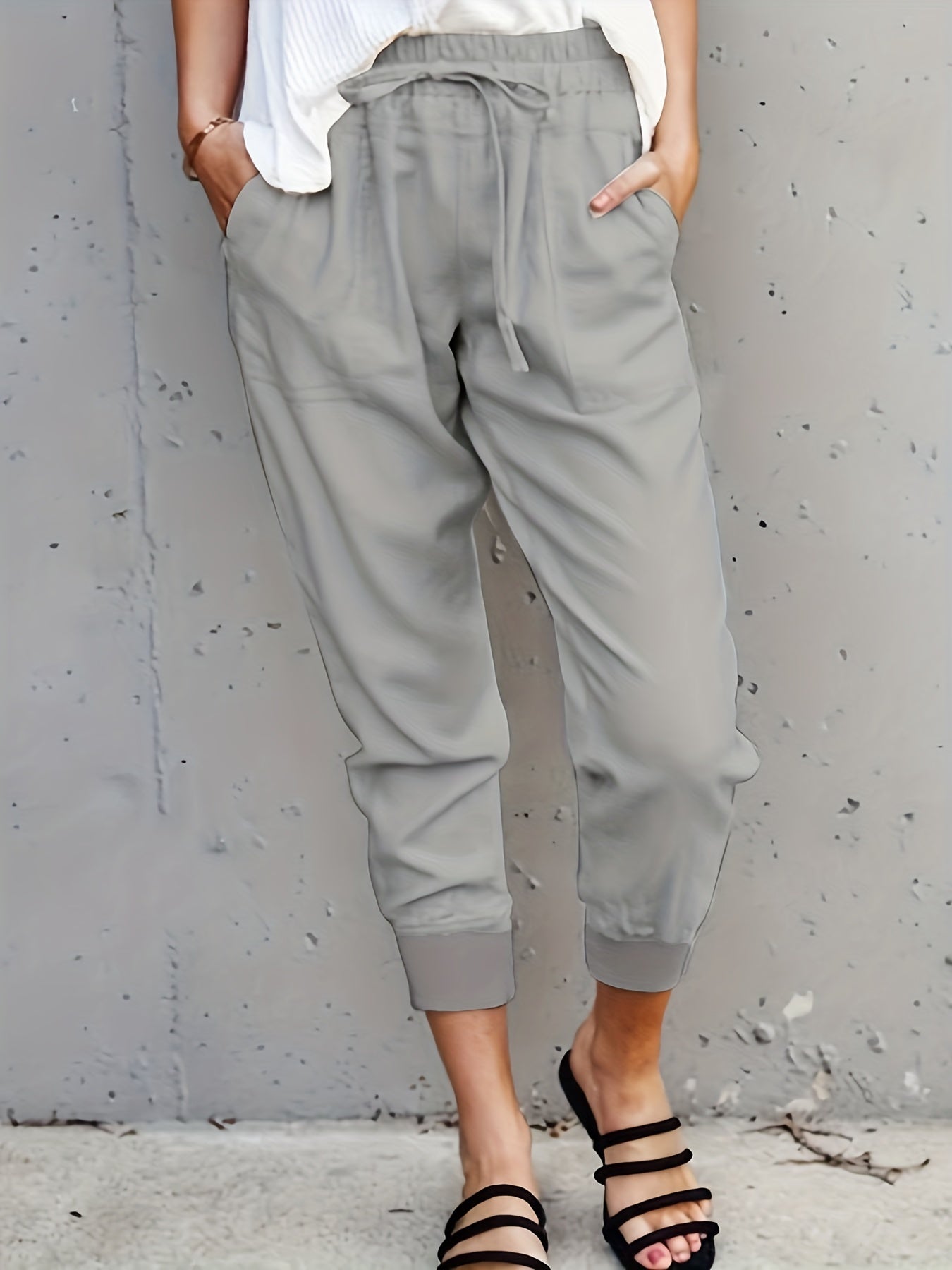 Drawstring Waist Solid Casual Pants for Women