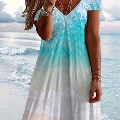  Sea Print Short Sleeve V Neck Dress