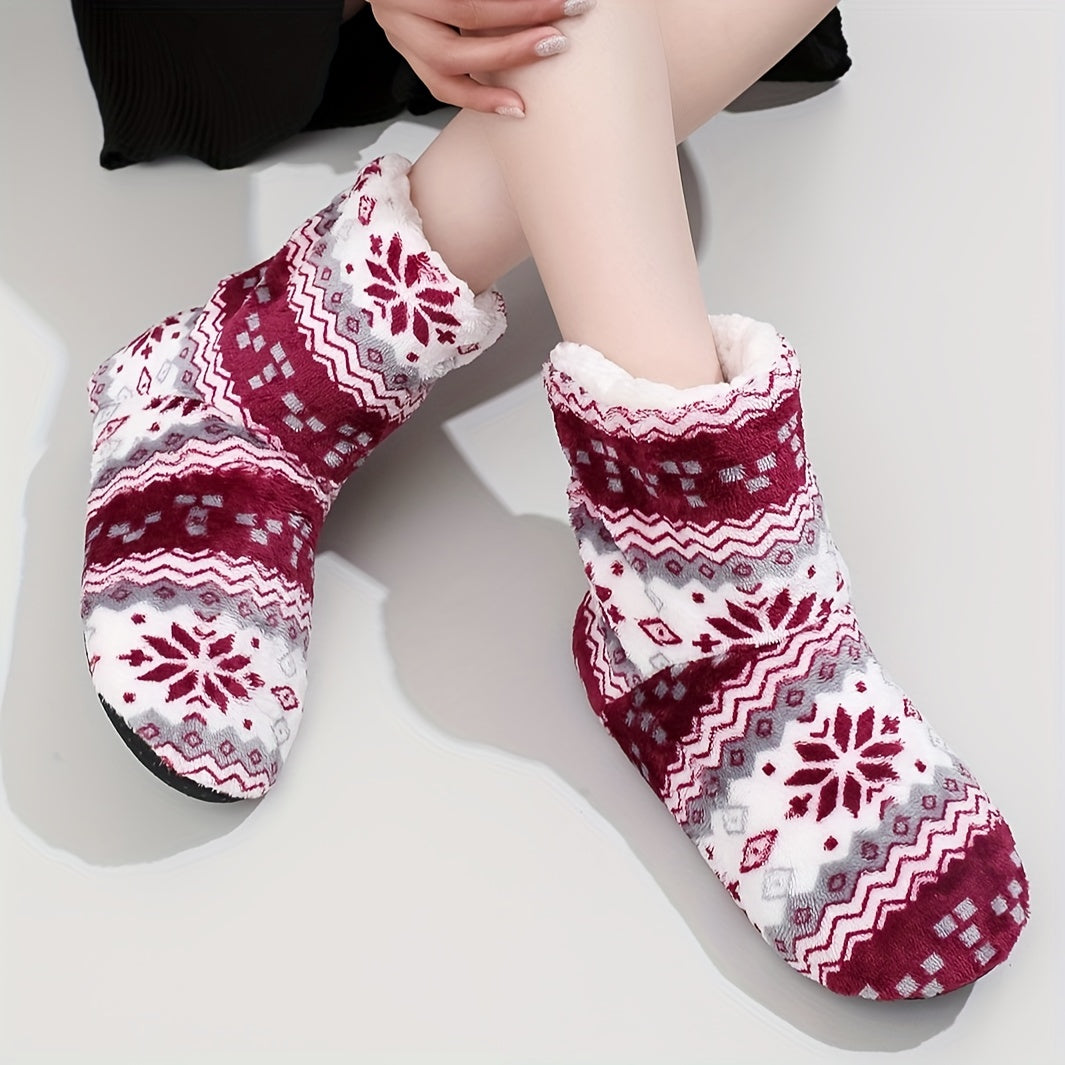 Snowflake Slipper Boots Christmas Warm & Cozy Plush Lined Indoor Fuzzy Shoes