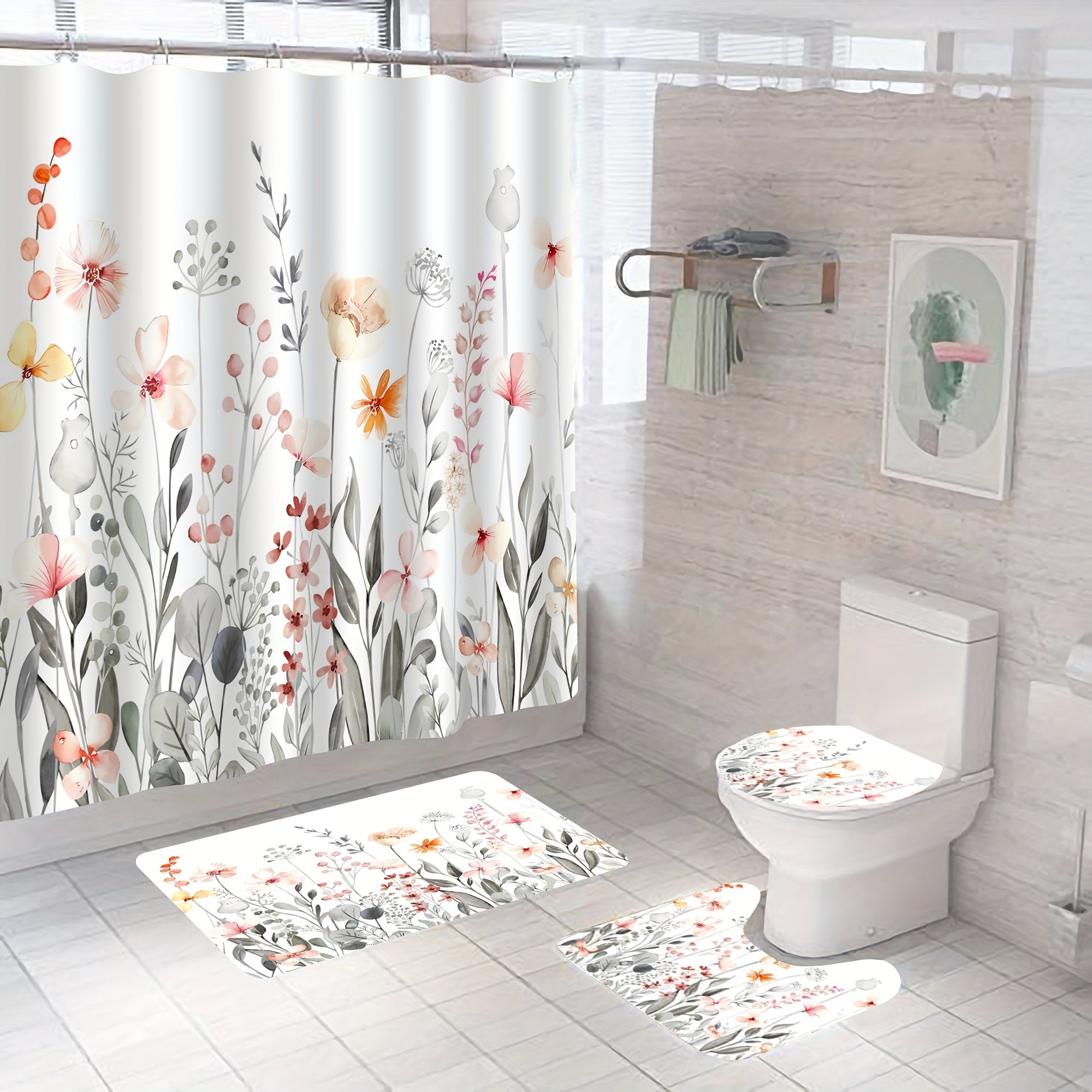 4pcs Floral Print Shower Curtain Set Waterproof and Mildew Proof