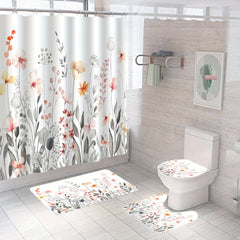 4pcs Floral Print Shower Curtain Set Waterproof and Mildew Proof