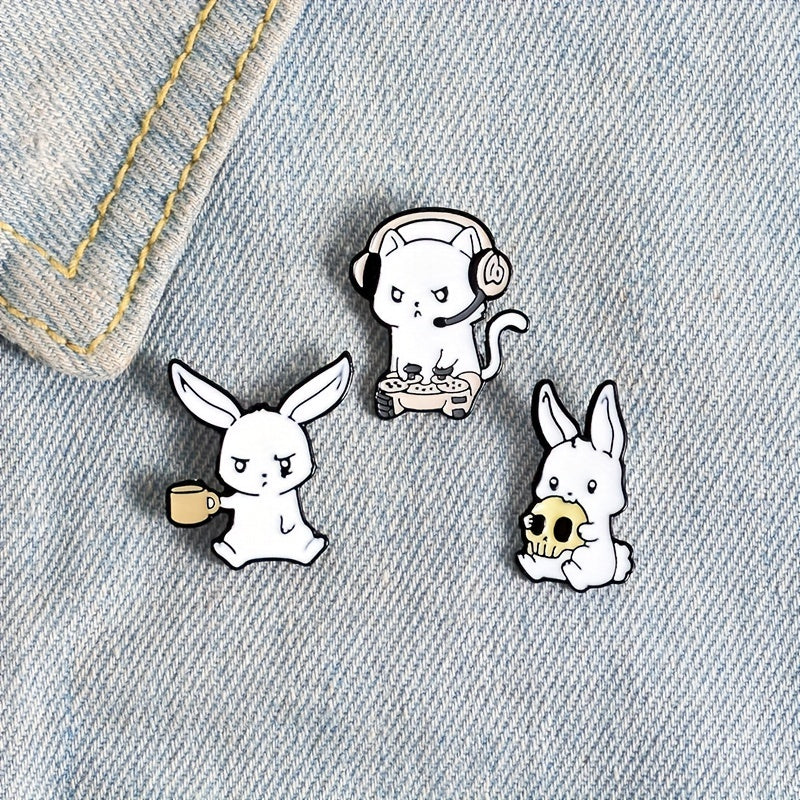 Rabbit Cat Enamel Pins Eating Skull Drink Play Games Cartoon Brooches