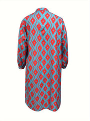  Boho Dress Women's Argyle Print Long Sleeve Shirt Dress