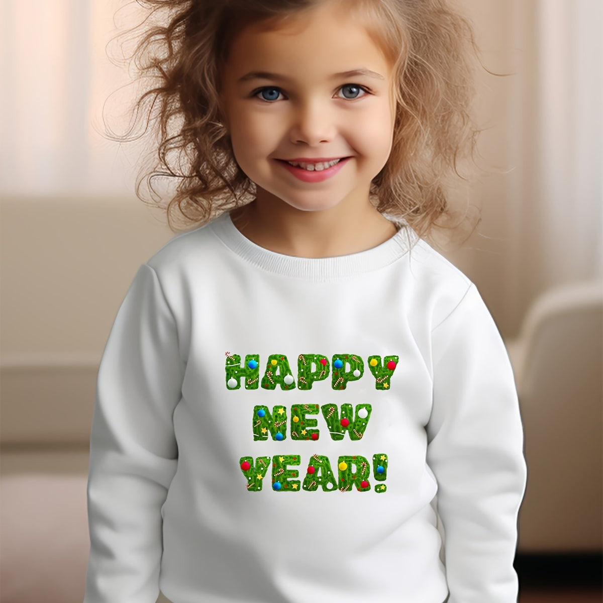 Girls Happy Year Pattern Crew Neck Sweatshirt Spring Fall Christmas