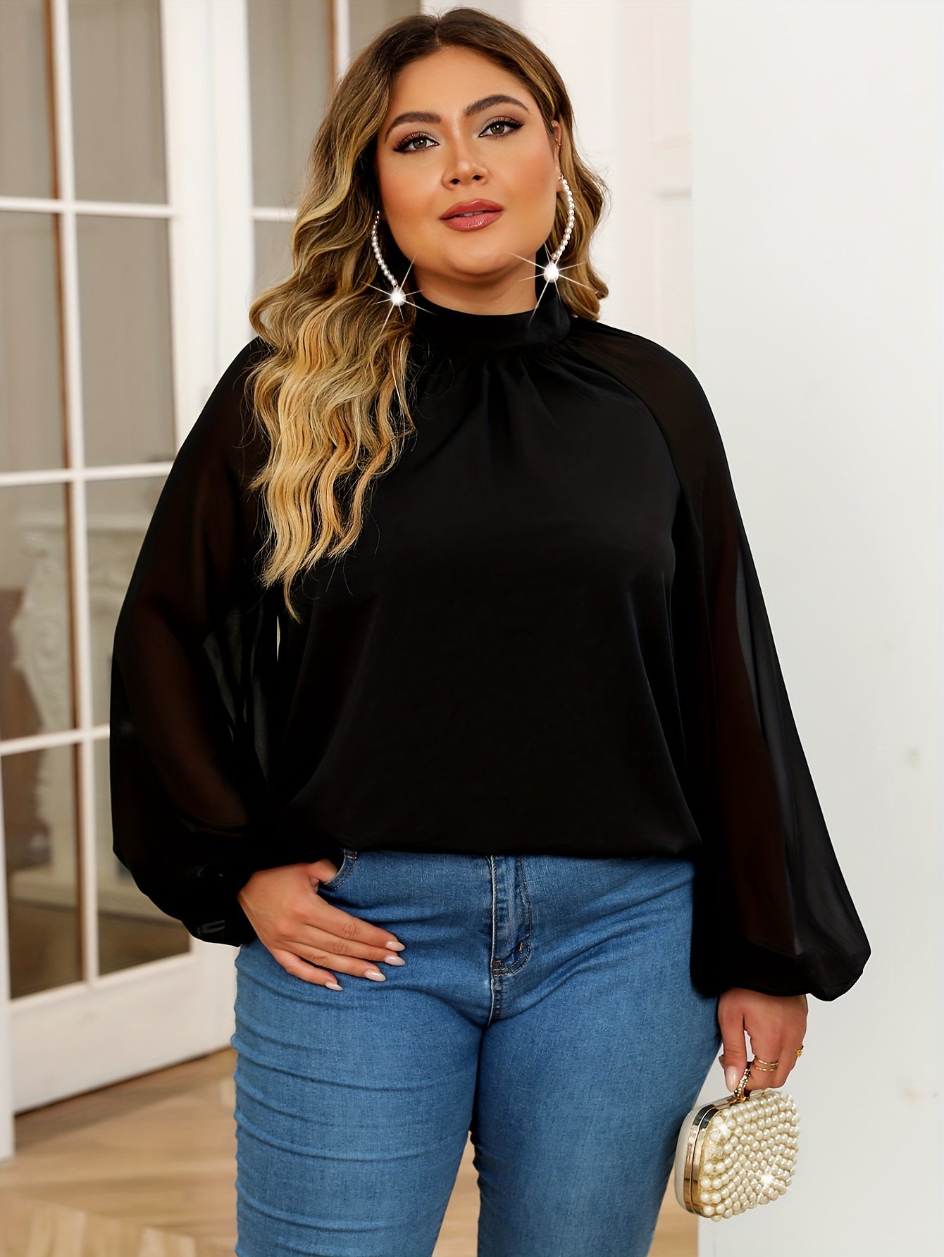  Mesh Lantern Sleeve Mock Neck Top