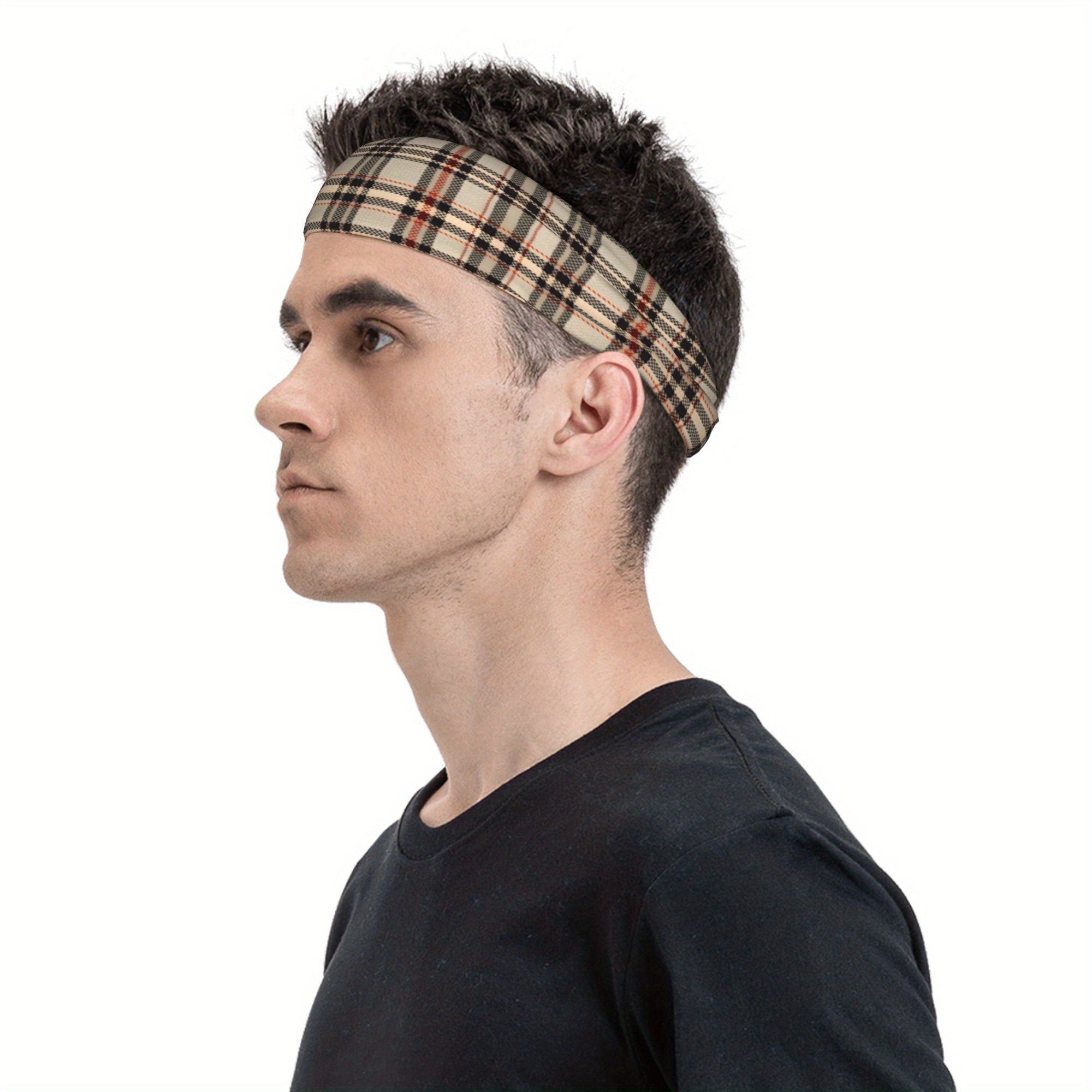 Vintage Plaid Headband Beige Red Checkered Pattern Elastic Sports Headwear