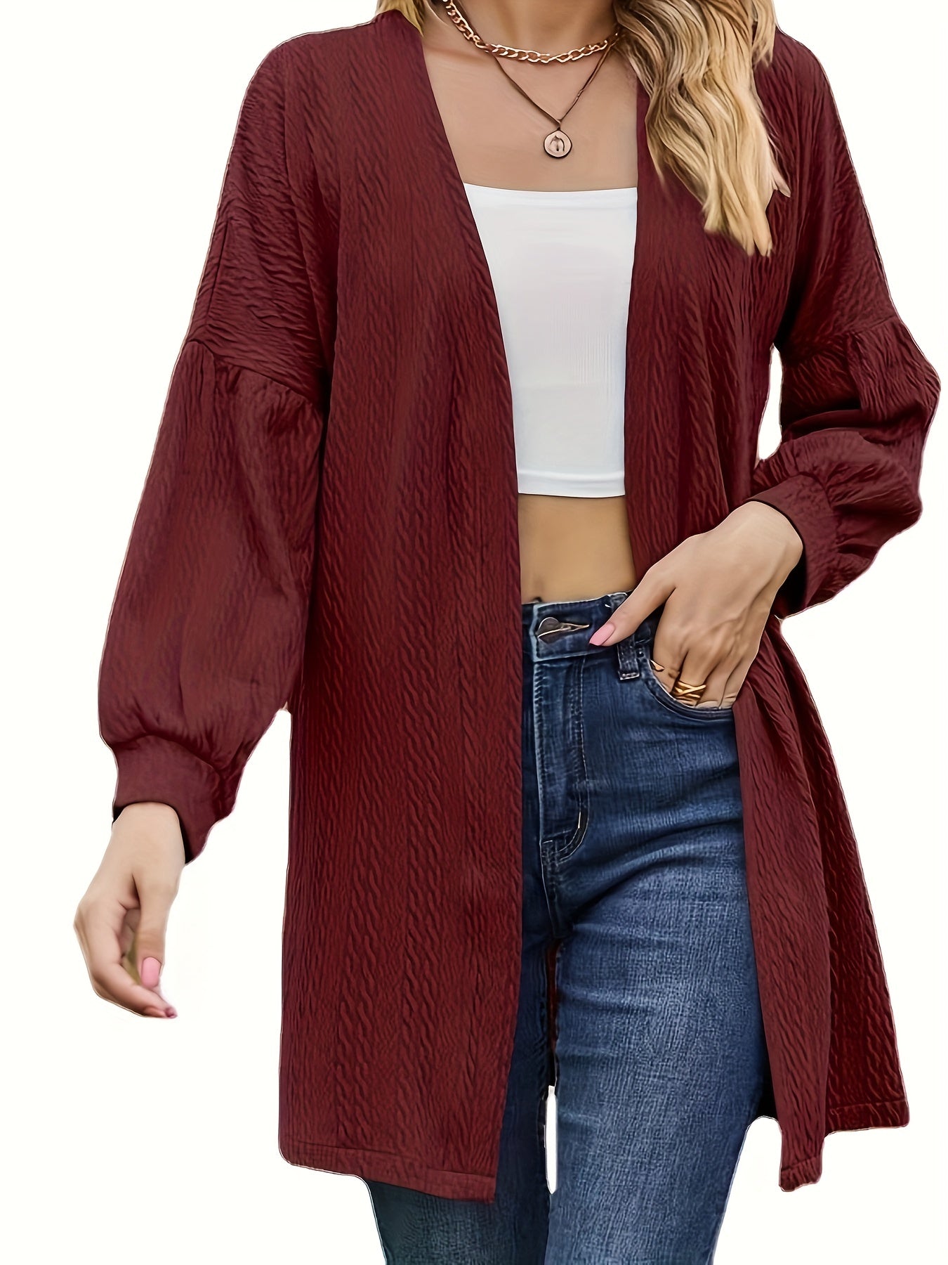  Solid Jacquard Lantern Sleeve Open Front Cardigan