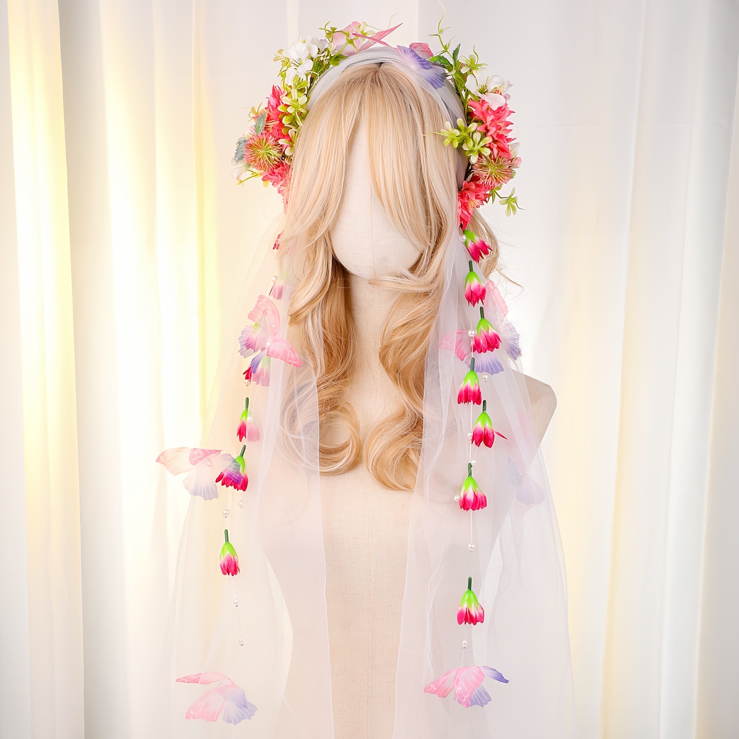 Purple & Green Floral Bridal Headband with Veil