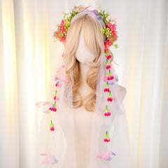 Purple & Green Floral Bridal Headband with Veil