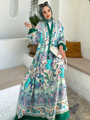  Abaya Dress Women's Plus Floral Print Lantern Sleeve Button Up