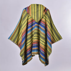 Striped Jacquard Hoodie Shawls Thick Warm Poncho Vintage Cardigan