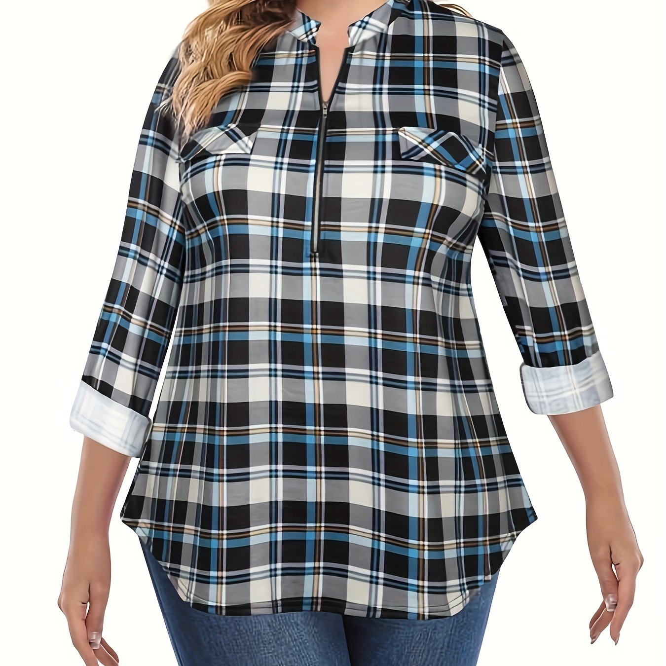  Plaid Print Long Sleeve Zip Up Notched Neck Top