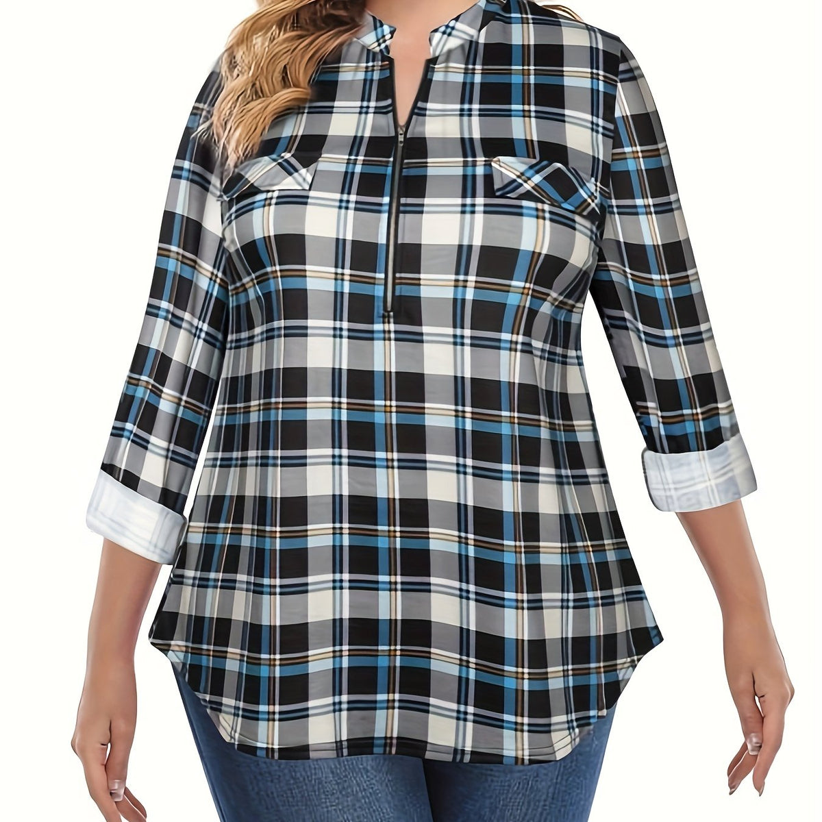  Plaid Print Long Sleeve Zip Up Notched Neck Top