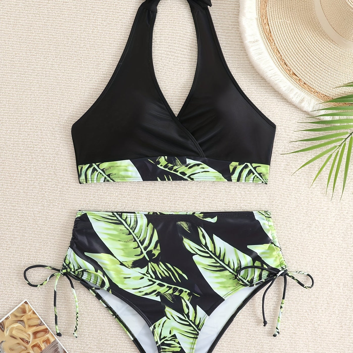 Leaf Print Bikini Set Halter V Neck High Cut Swimsuit