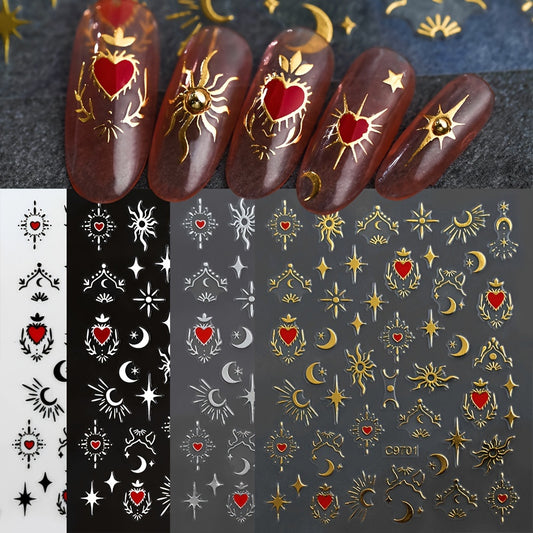 Bronzing Love Heart Star Moon Nail Stickers Geometric Line Nail Decals