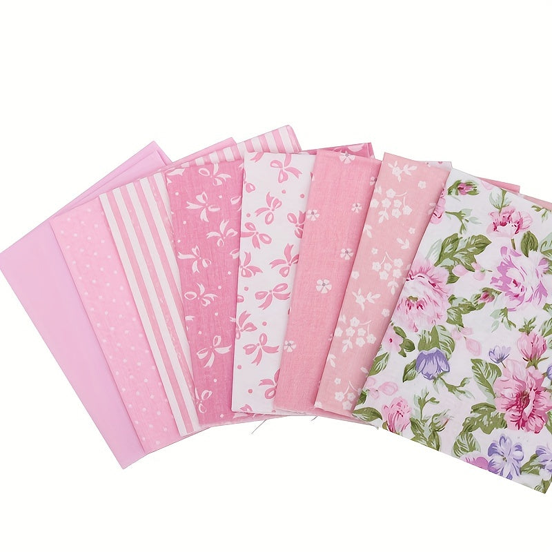 8pcs Pink Bow Flower Printed Fabric Patchwork DIY Sewing Quilting Material