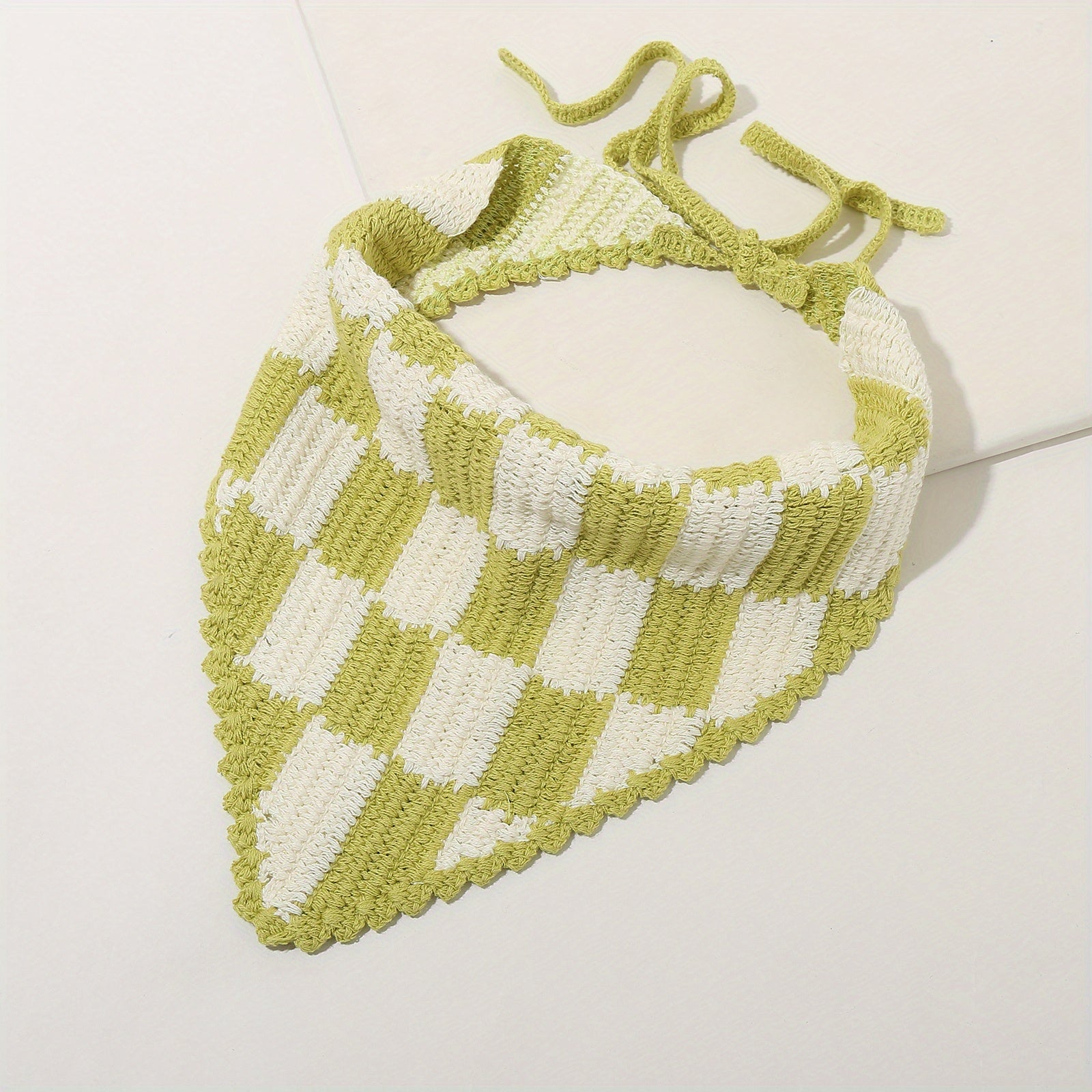 Crochet Plaid Triangle Head Scarf Pastoral Style Hair Accessories