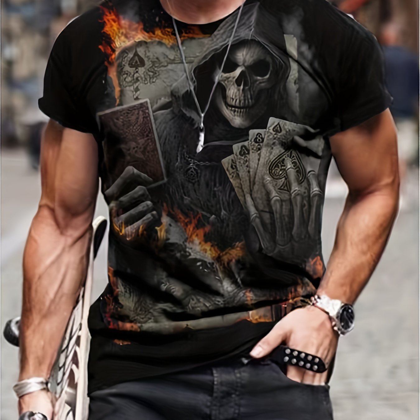 Men's Skeleton & Cards 3D Print T Shirt Crew Neck