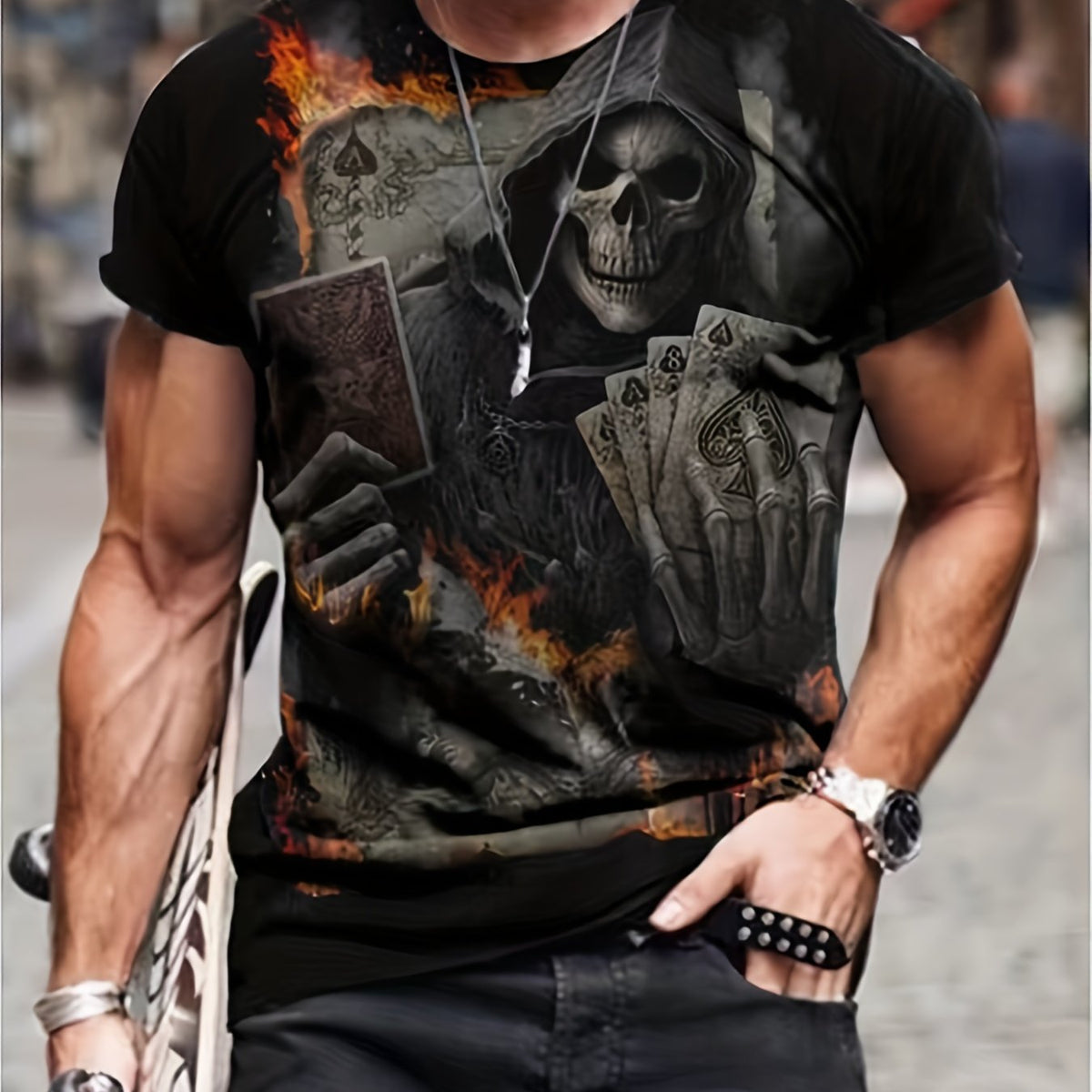 Men's Skeleton & Cards 3D Print T Shirt Crew Neck