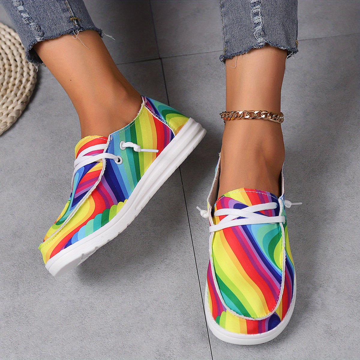 Colorful Rainbow Pattern Slip On Loafers Shoes Comfortable Canvas Sneakers