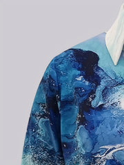 Marble Print Button Up Long Sleeve Blouse