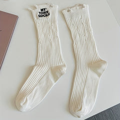 4 Pairs Letter Print Ripped Socks Comfy & Breathable Mid Tube Socks