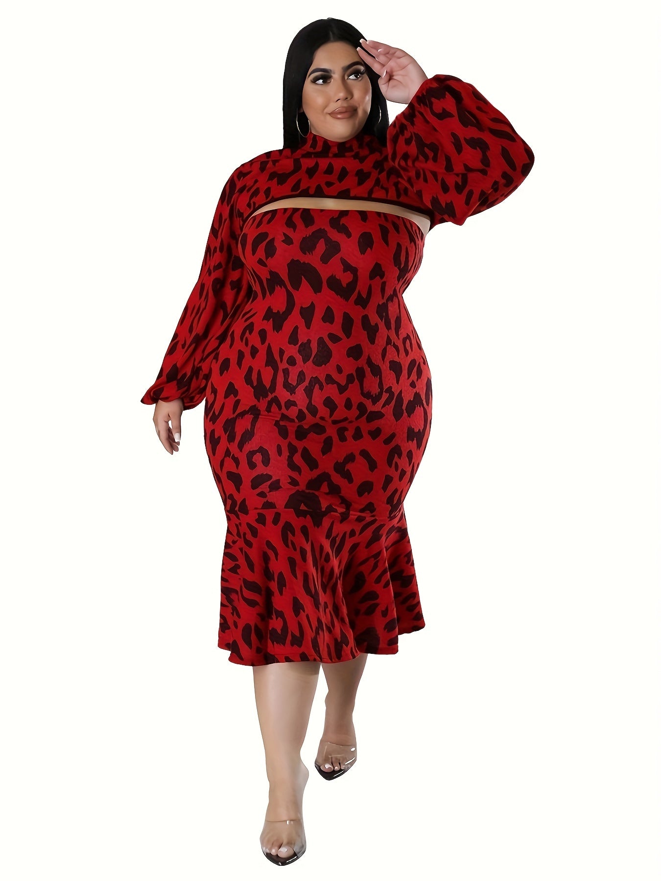  Leopard Print Crop Top & Mermaid Tube Dress Set