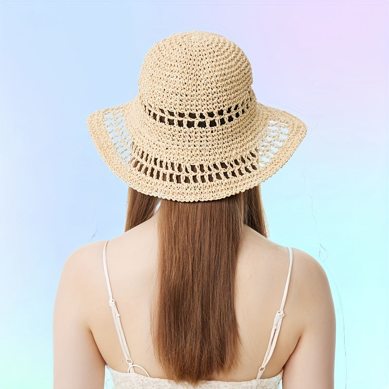 Apricot Sun Hat Wide Brim Straw Bucket Hat Lightweight Breathable for Women