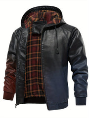 Men's Gradient Pu Leather Hooded Jacket Zip Up Windproof Jacket