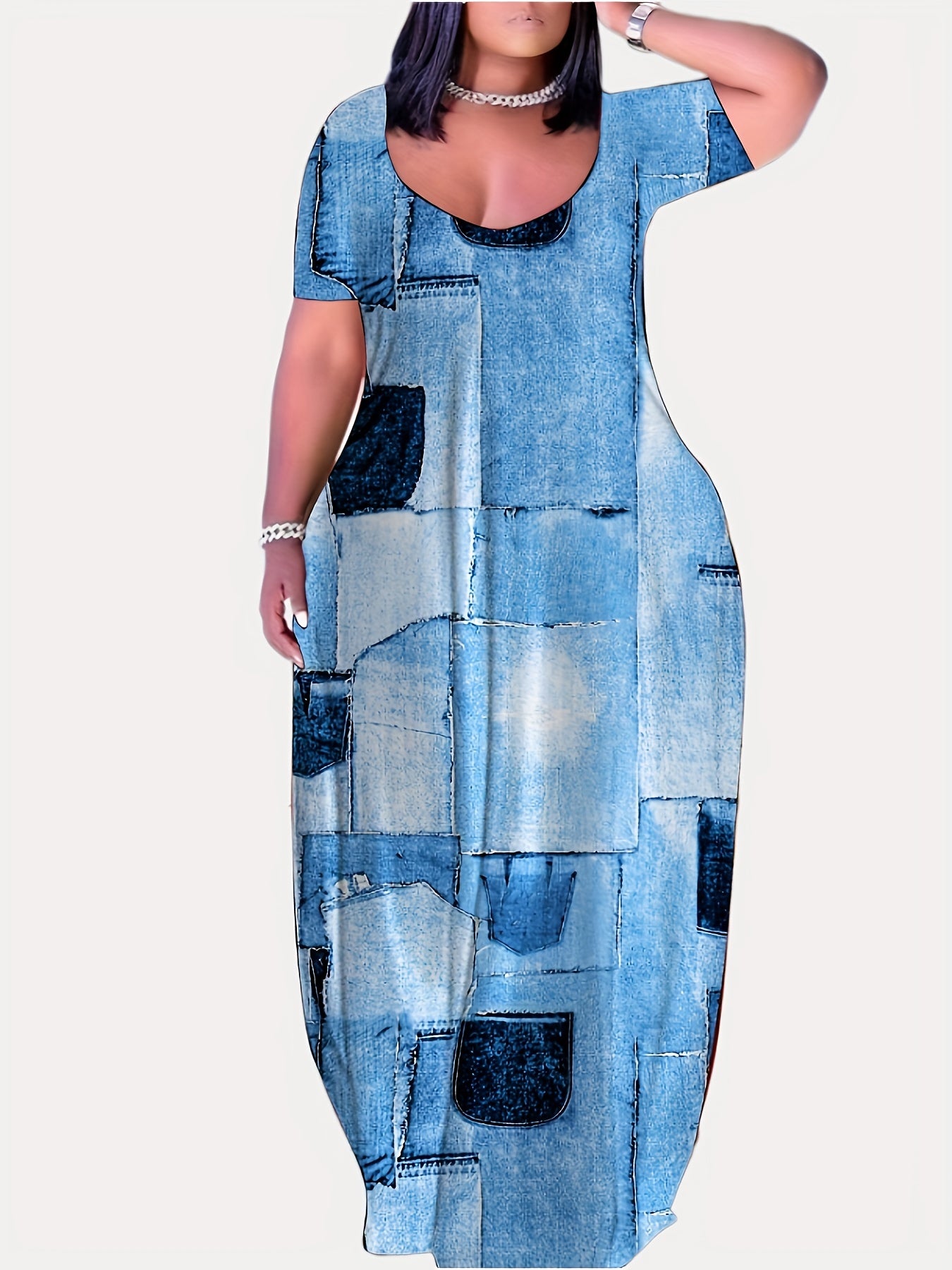  Denim Print Short Sleeve Maxi Dress