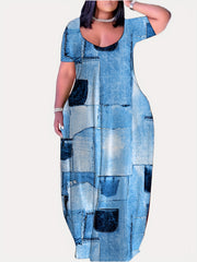  Denim Print Short Sleeve Maxi Dress