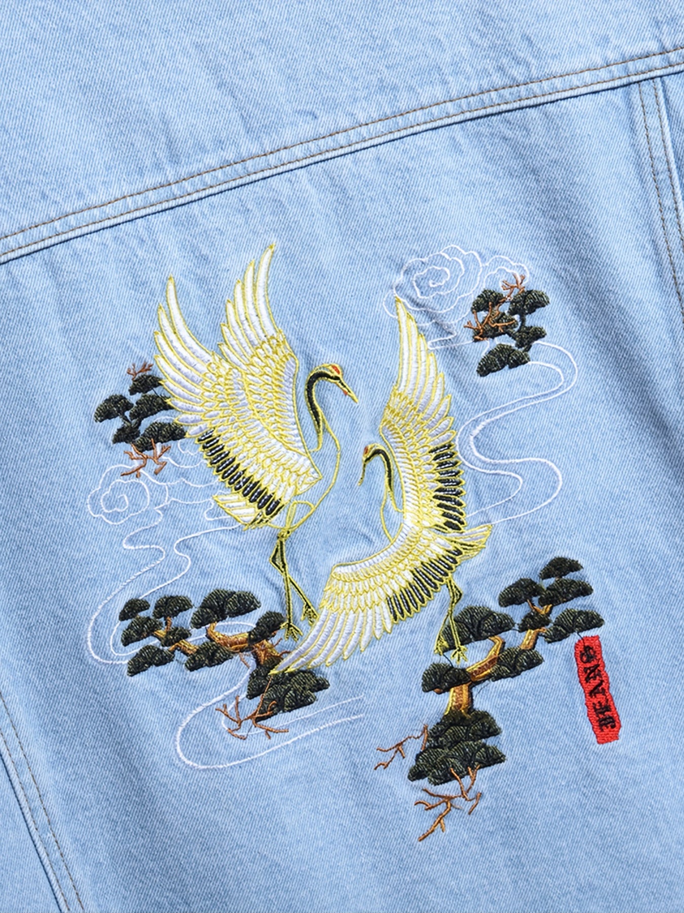 Men's Casual Crane Embroidered Denim Jacket