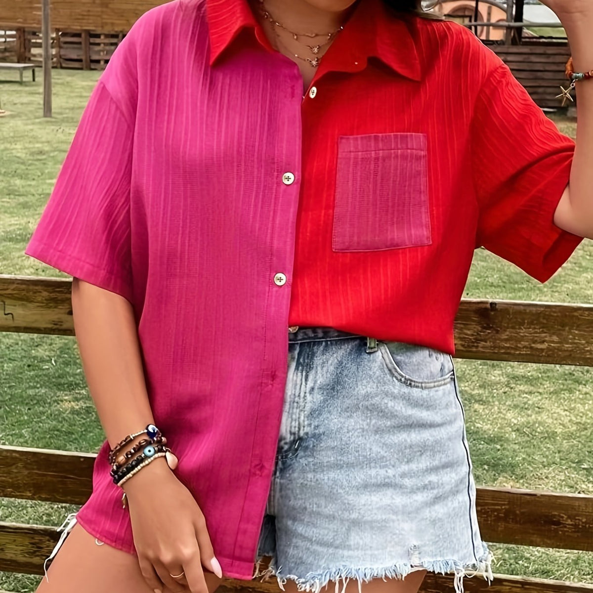  Colorblock Ribbed Short Sleeve Button Up Loose Fit Shirt