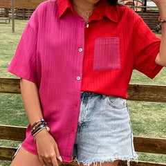  Colorblock Ribbed Short Sleeve Button Up Loose Fit Shirt