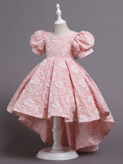 Girls' Formal Flower Jacquard Bubble Sleeve Trailing Evening Dress