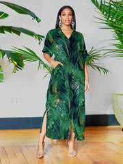  Tropical Print Polo Neck Button-Up Dress