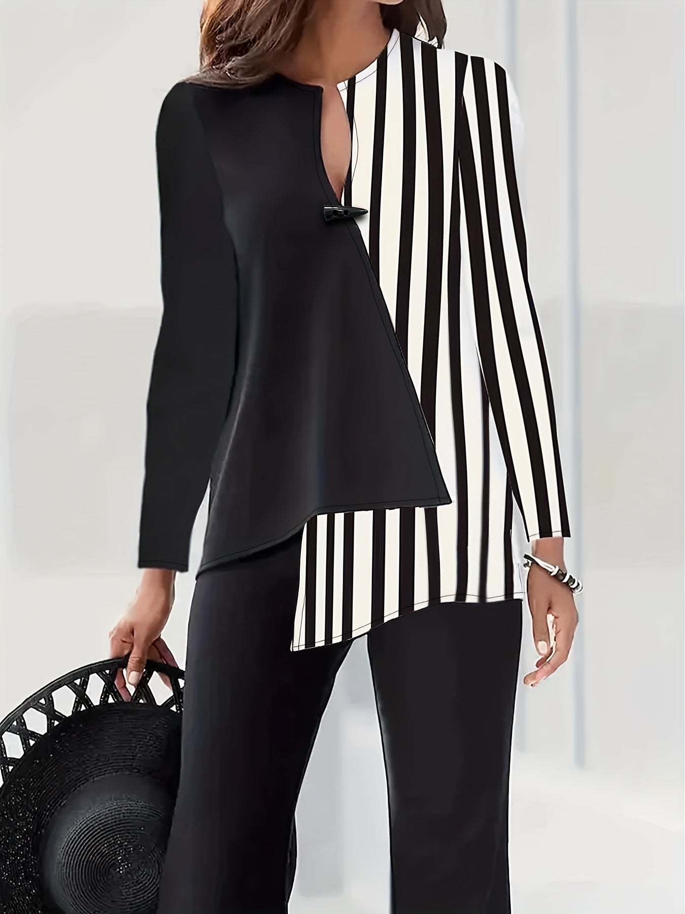  Colorblock Striped Print Long Sleeve Shirt Top