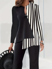  Colorblock Striped Print Long Sleeve Shirt Top