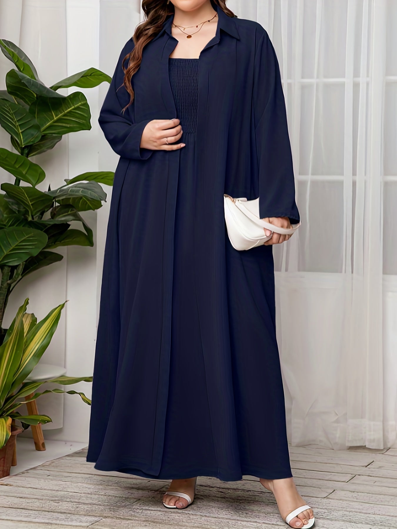  Solid Coat & Shirred Maxi Dress Set