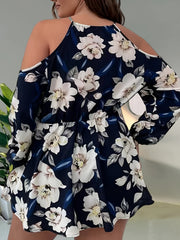 Floral Print Cold Shoulder Lantern Sleeve Peplum Top