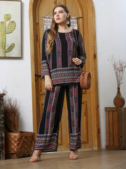  2 Piece Set Women's Plus Random Print Long Sleeve Top & Pants Outfits