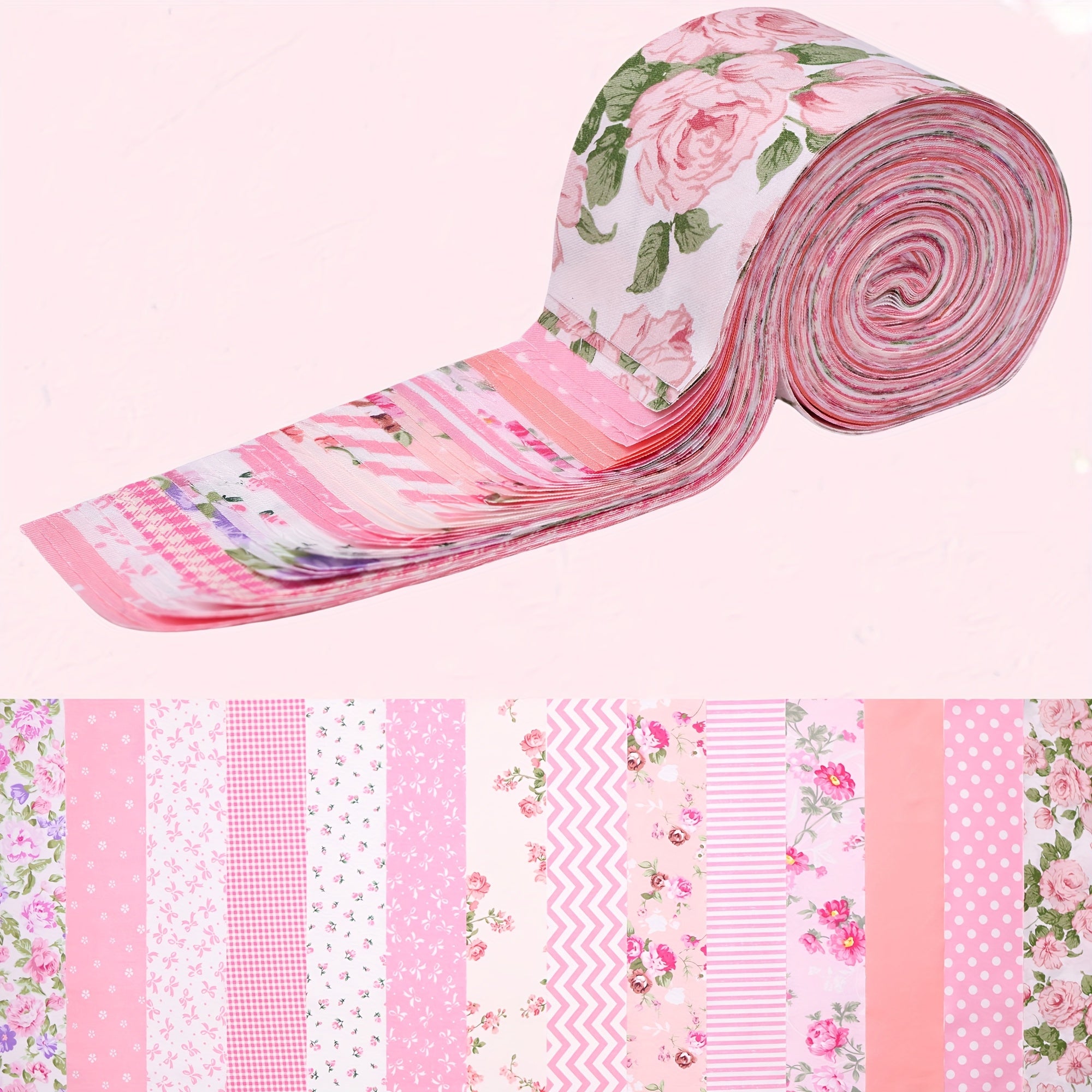 42pcs Fabric Strips Rose Floral Bows & Polka Dot Print Quilting Supplies