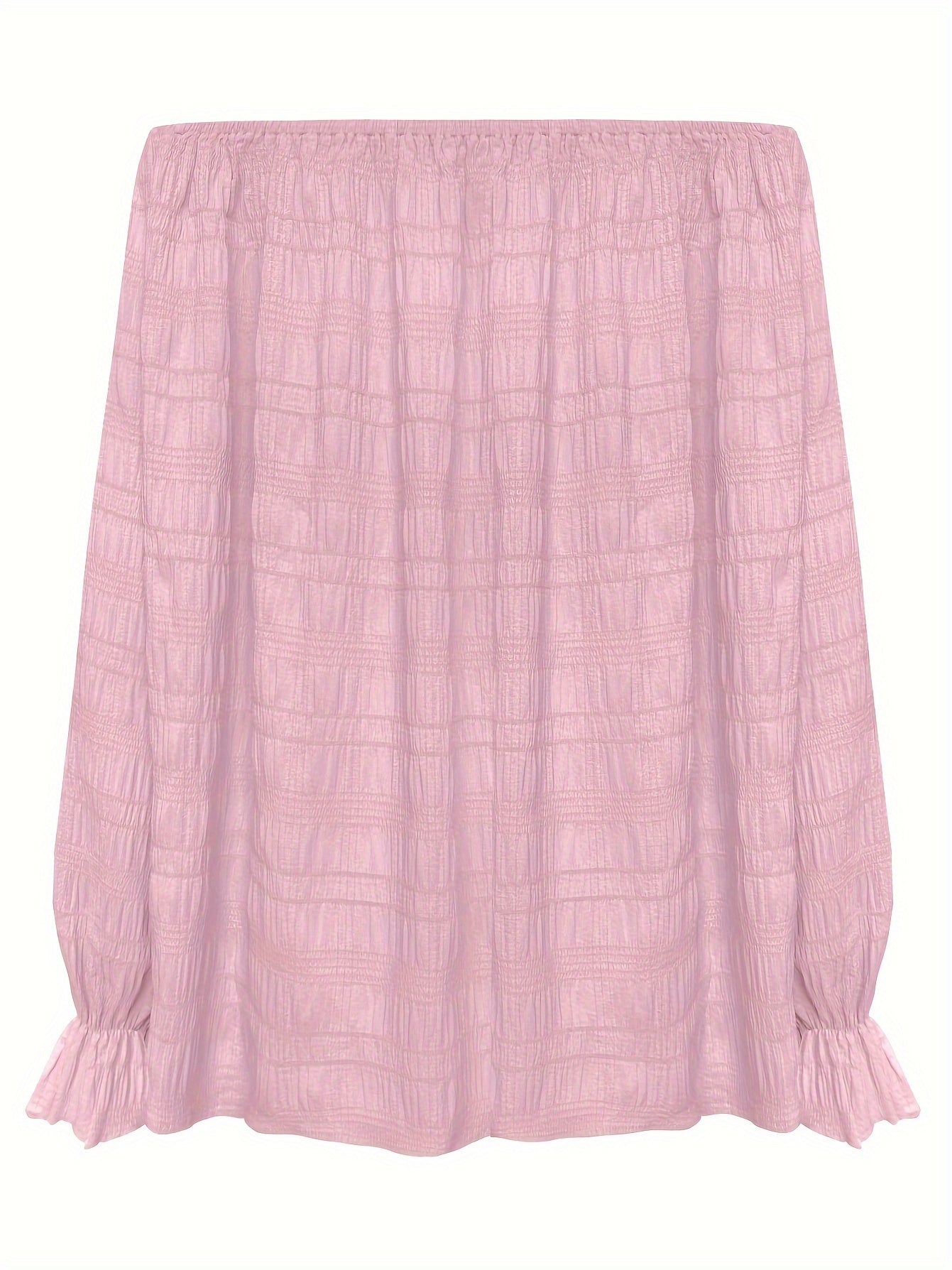  Solid Crinkle Lantern Sleeve Off Shoulder Top