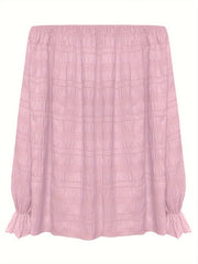  Solid Crinkle Lantern Sleeve Off Shoulder Top